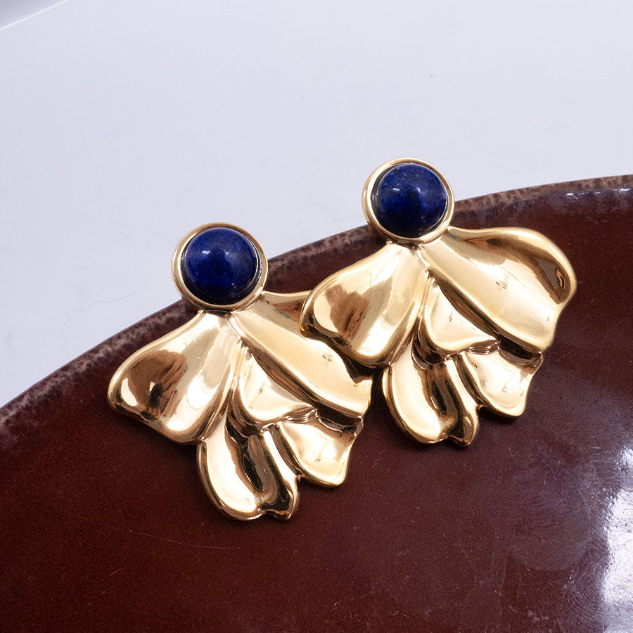 BOUCLES D'OREILLES SELLANO - FLEURS DORÉES ET PERLES BLEUES