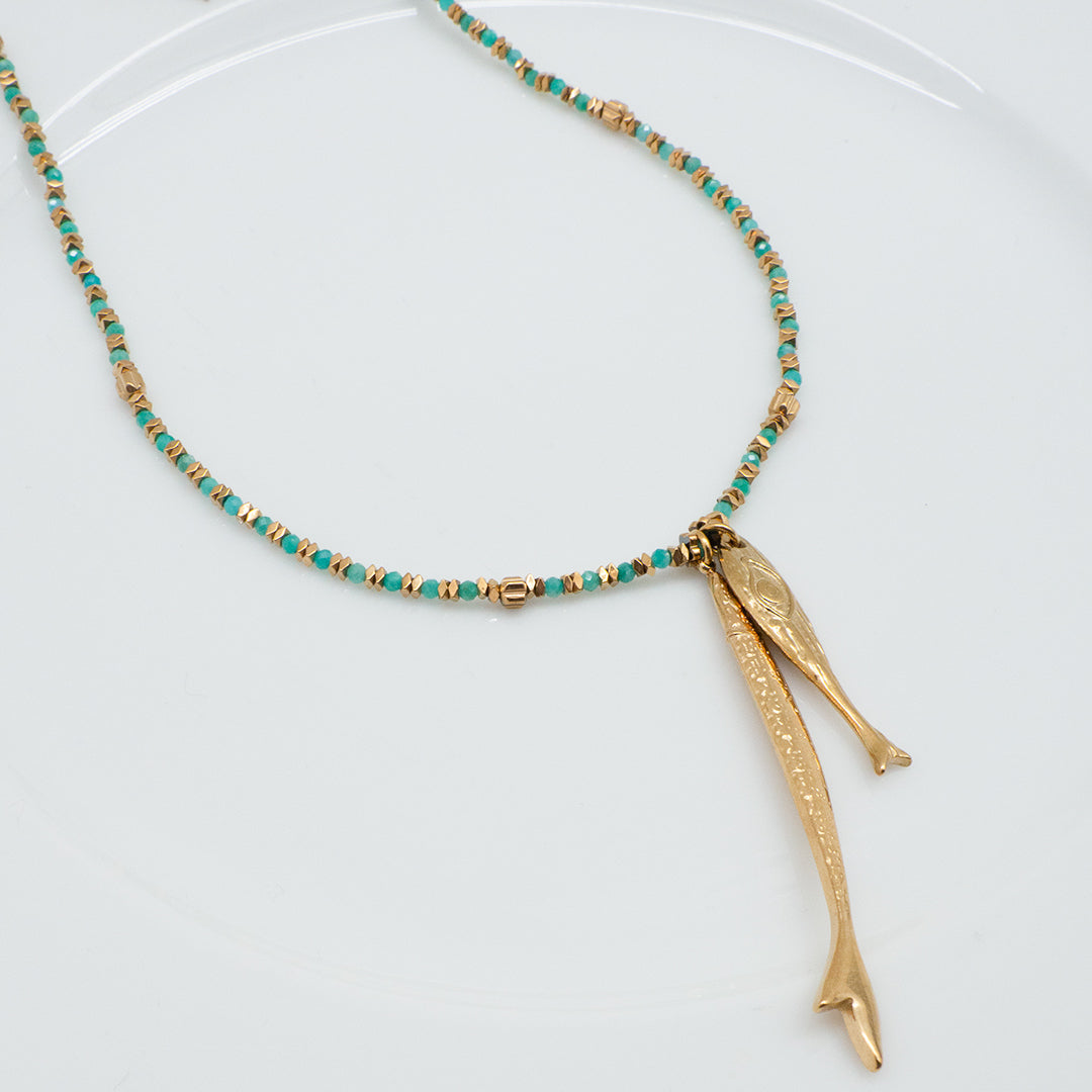 COLLIER MERCADO DE PEDRA - SAUTOIR TURQUOISE ET POISSONS PAMPILLES