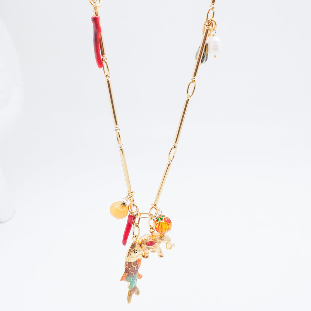 COLLIER PLAZA ALMEDA - SAUTOIR CHAÎNE DORÉ ET PAMPILLES POISSON ET ÉLÉPHANT