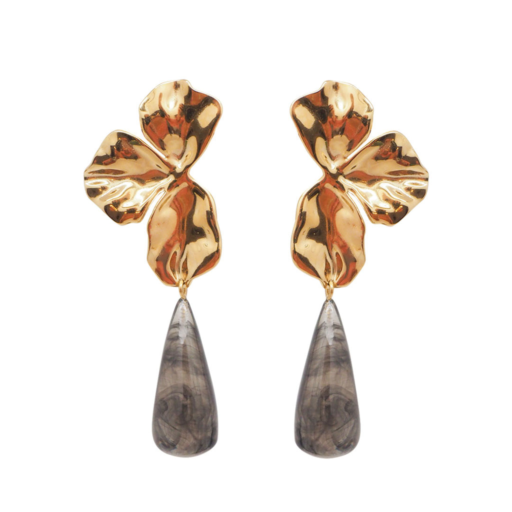 BOUCLES D'OREILLES ESTEIRO - 3 PÉTALES ET GOUTTES GRISES