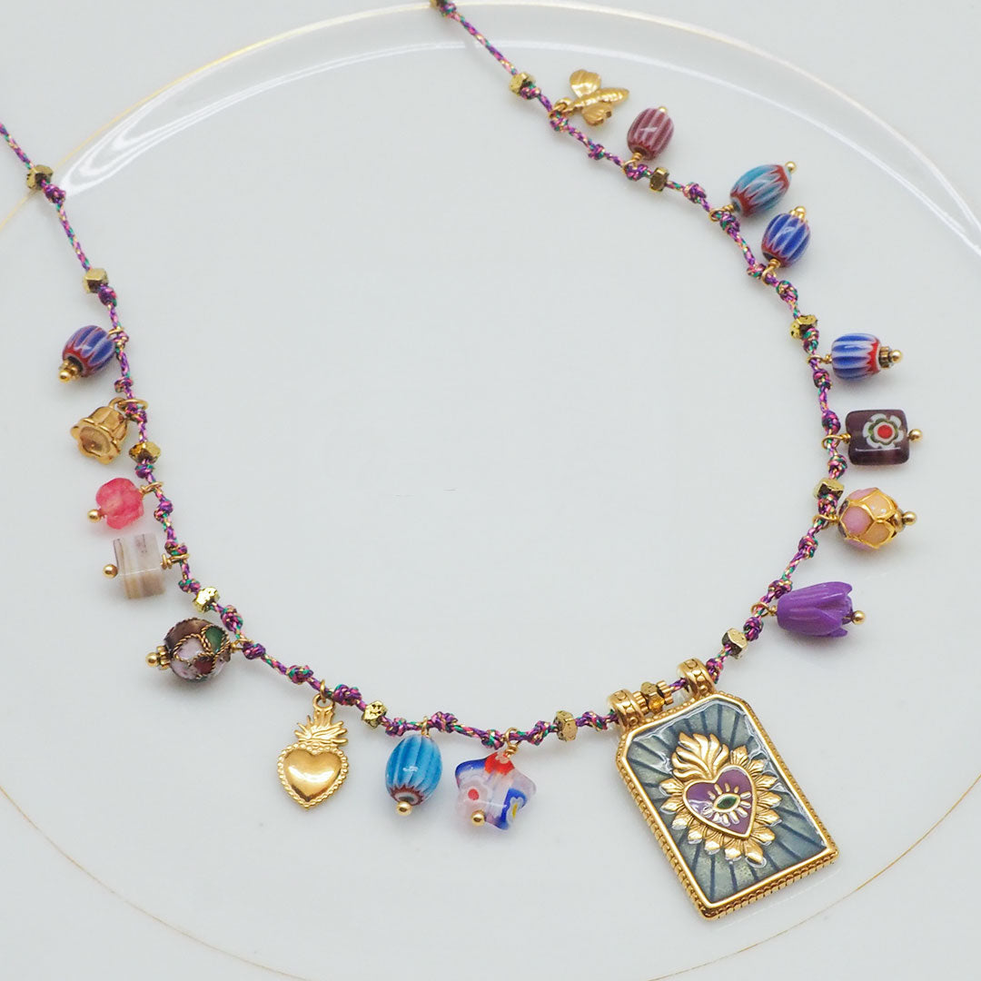 COLLIER GUIMARES - MÉDAILLE EX VOTO COEUR ET CHARMS COLORÉS