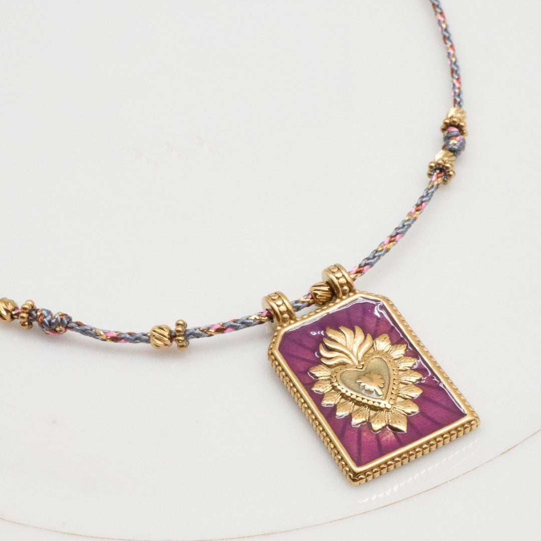 COLLIER OURENSE - MÉDAILLE EX-VOTO COEUR SUR CORDON LUREX
